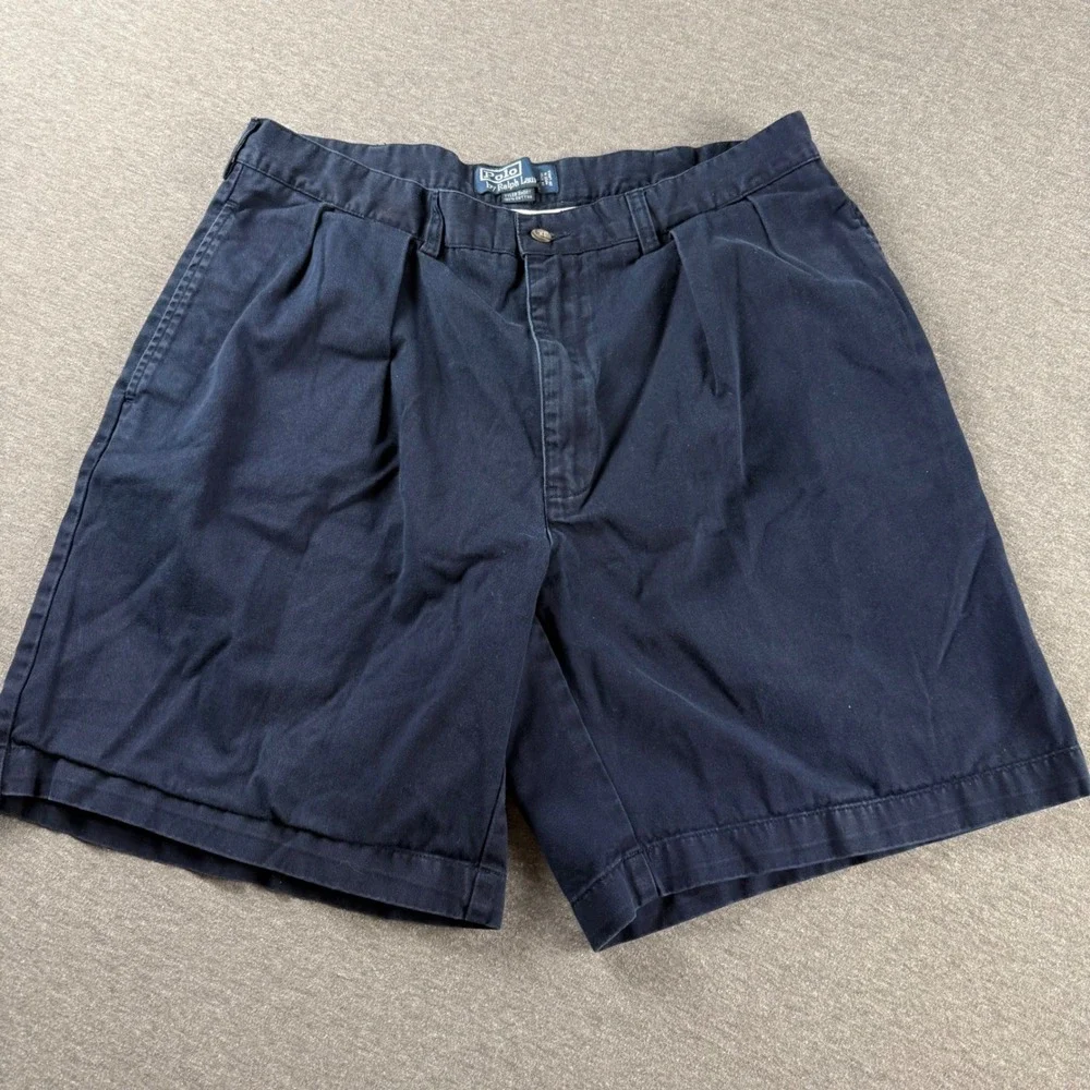 Polo Ralph Lauren Mens Tyler Short Navy Blue Pleated Chino Cotton Shorts Size 36